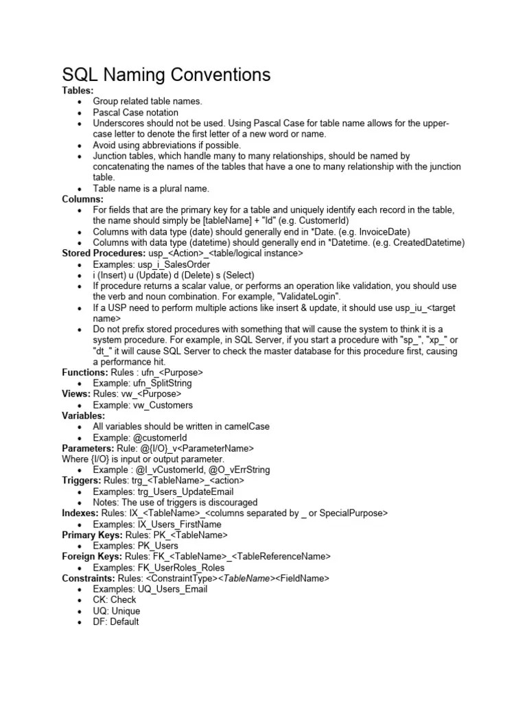 SQL Naming Conventions PDF Sql Table (Database)