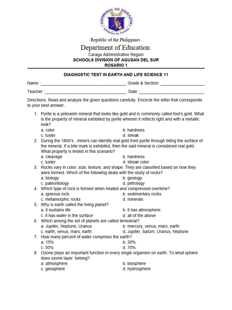 Diagnostic Test Earth and Life Science 11 PDF