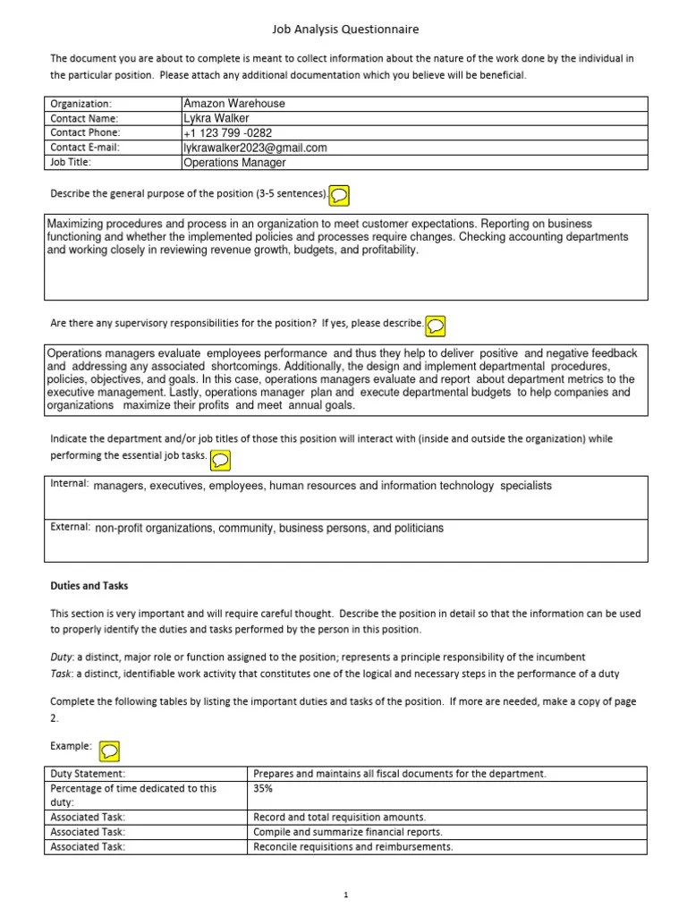Job Analysis Questionnaire Template PDF Visual Perception Microsoft
