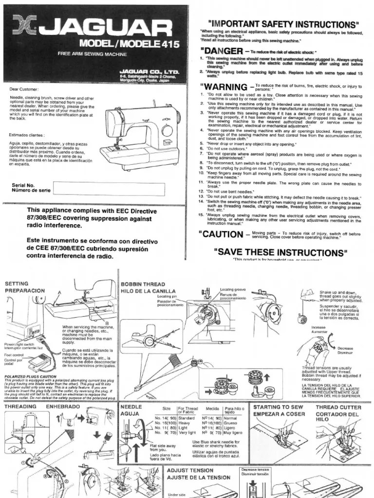 Jaguar 415 Sewing Machine Instructions PDF