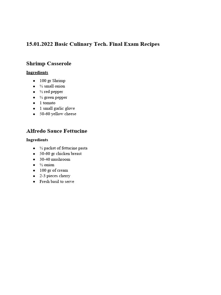 Basic Culinary Final Exam Meals and Weights PDF