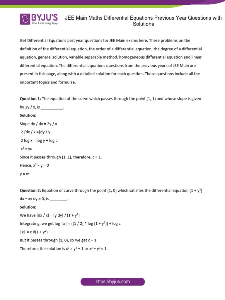 JEE Main Maths Differential Equations Previous Year Questions With