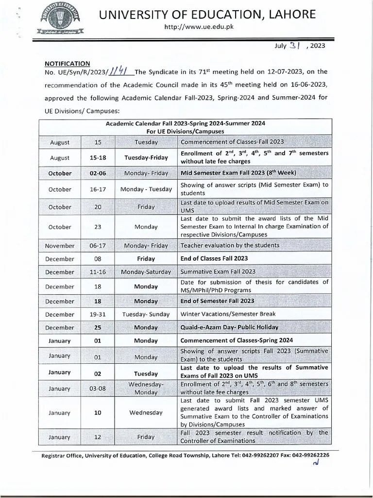 Notification Regarding Academic Calendar Fall 2023, Spring 2024 and(04)