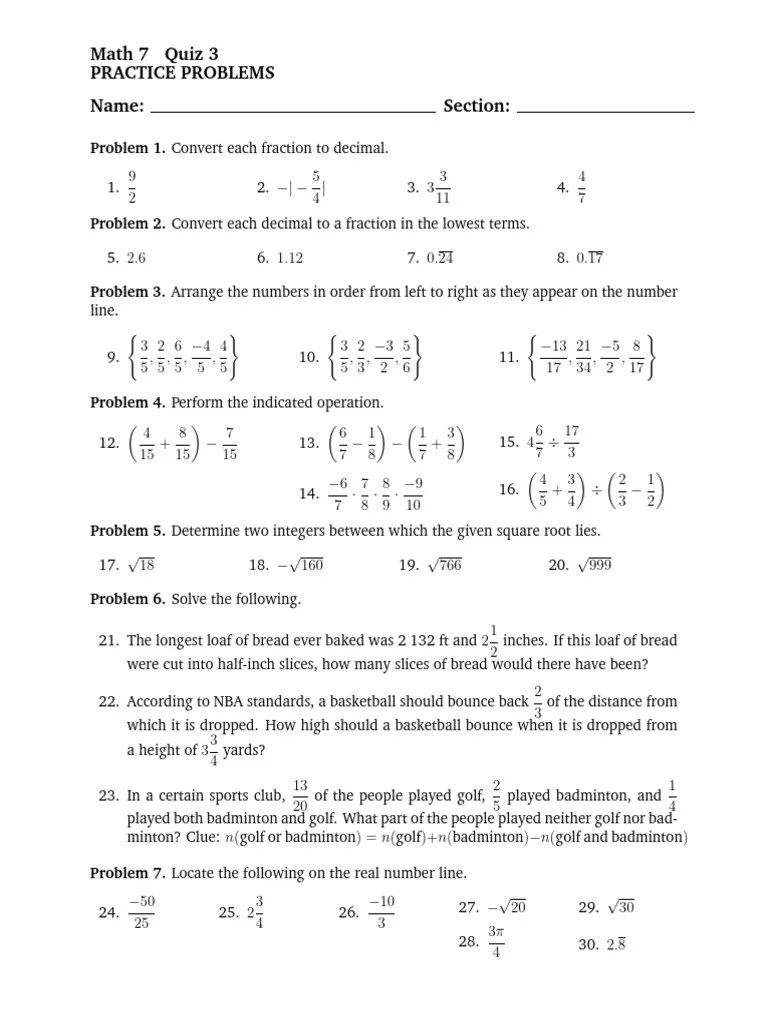Math 7 Quiz 3 PRACTICEPROBLEMS PDF