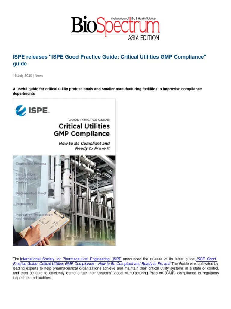 Ispe Releases Ispe Good Practice Guide Critical Utilities GMP