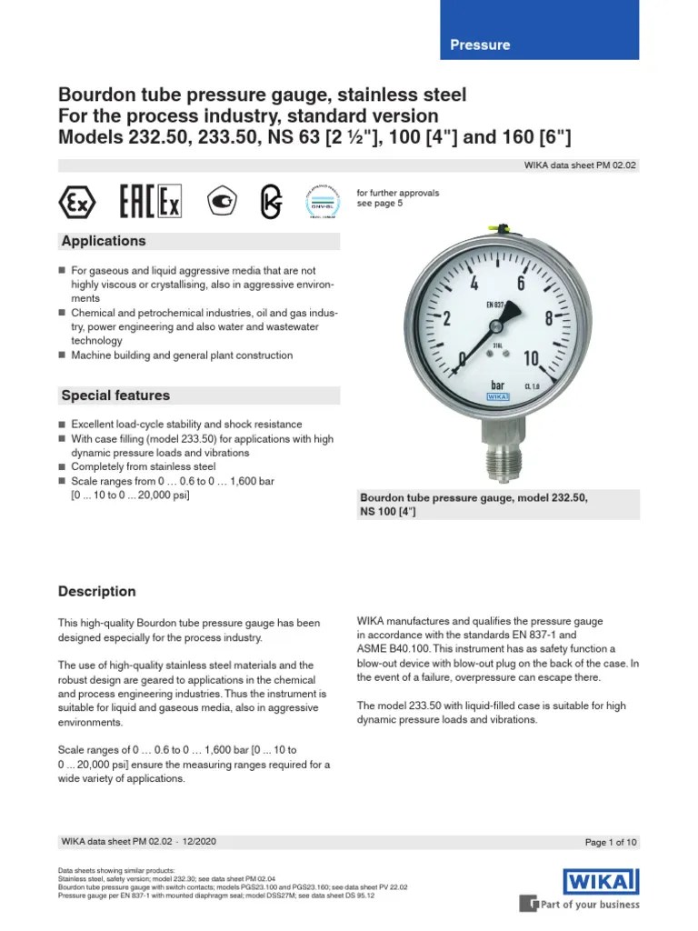 Bourdon Tube Pressure Gauge, Stainless Steel For The Process Industry