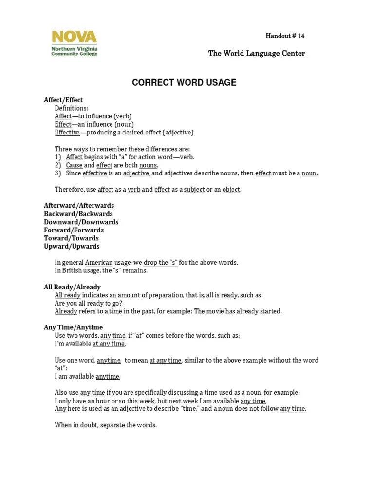 Correct Word Usage Document PDF Noun Verb