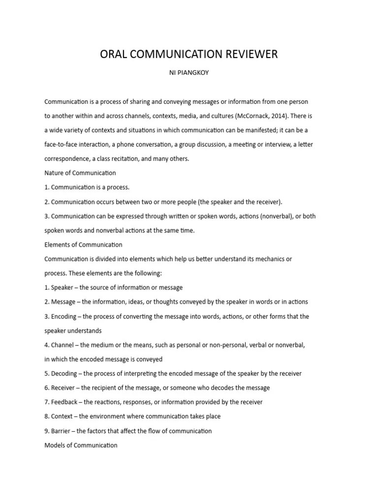 Oral Communication Reviewer PDF Communication Nonverbal Communication