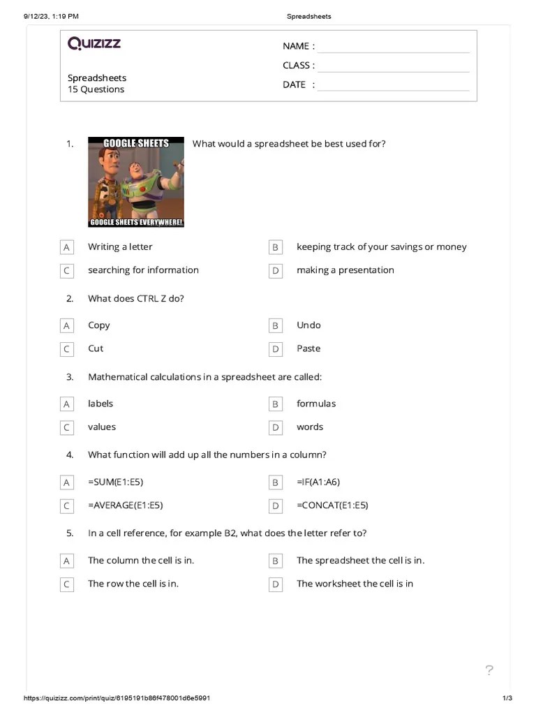 Spreadsheets Quiz PDF Spreadsheet Mathematics