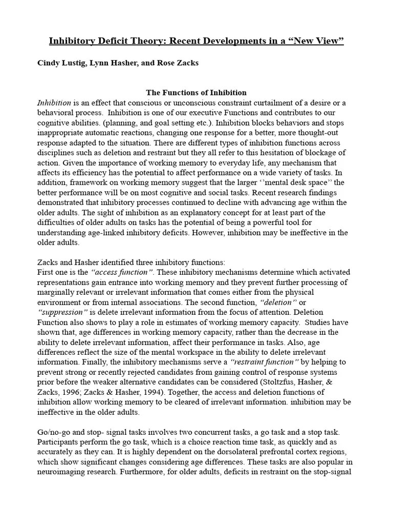 Inhibitory Deficit Theory Recent Developments in A New View Cindy