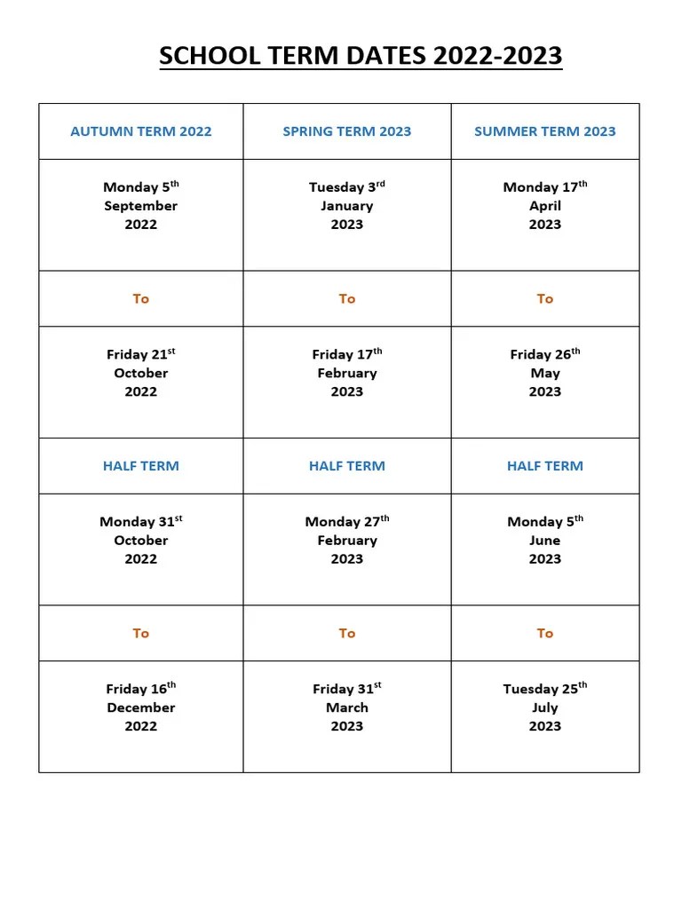 School Term Dates 2022 2023 PDF
