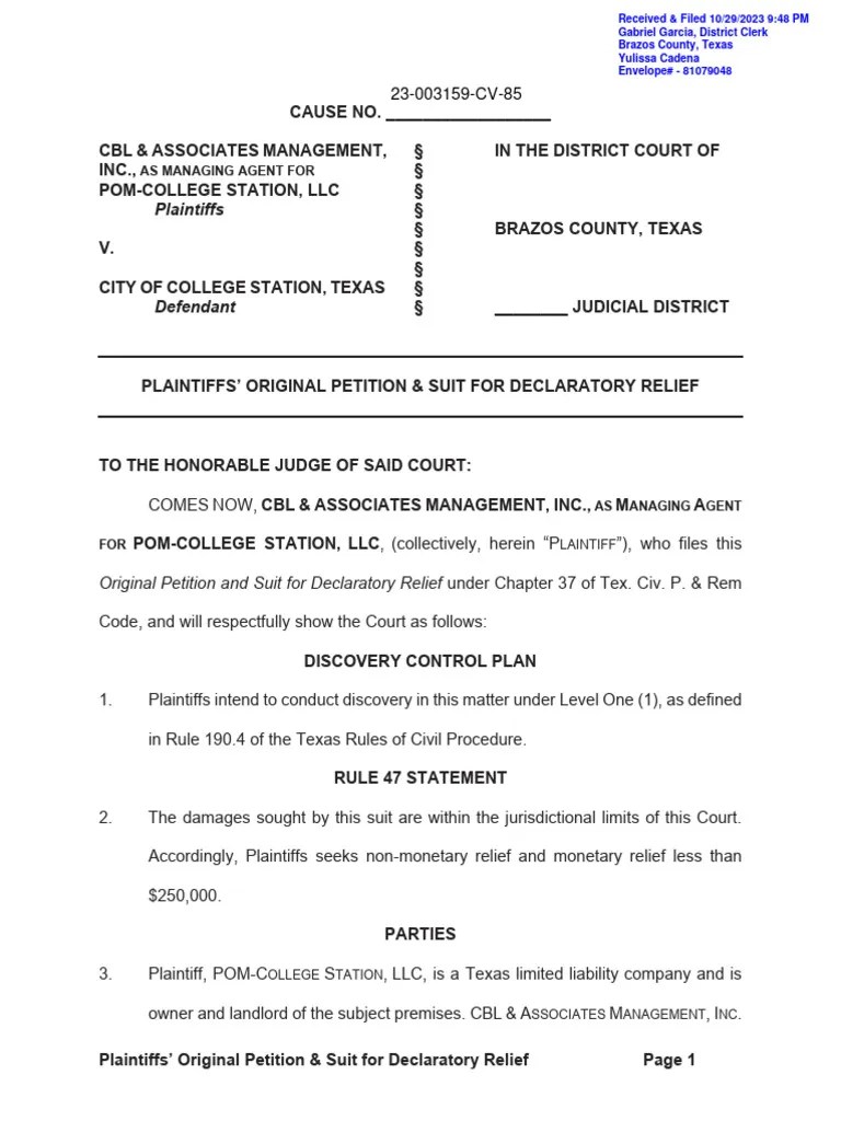 Plaintiffs Original Petition Suit For Declaratory Relief PDF Legal