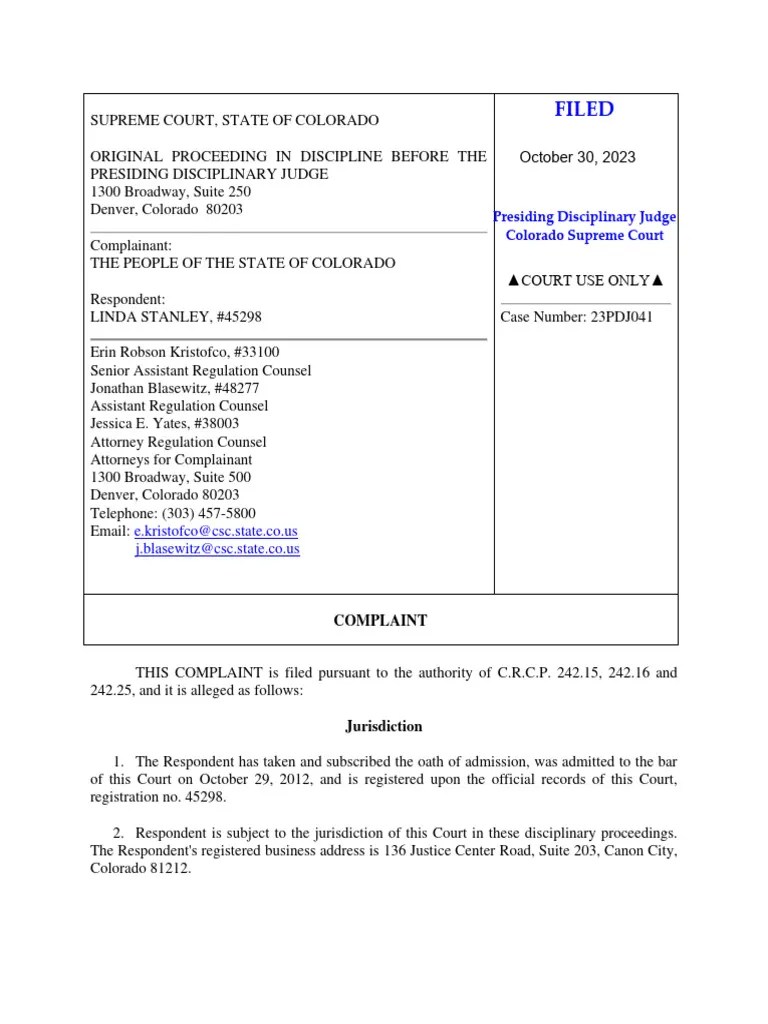 Complaint Filed in Colorado Supreme Court Regarding Misconduct by(07)