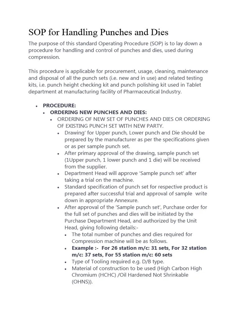 SOP For Handling Punches and Dies PDF Tablet (Pharmacy