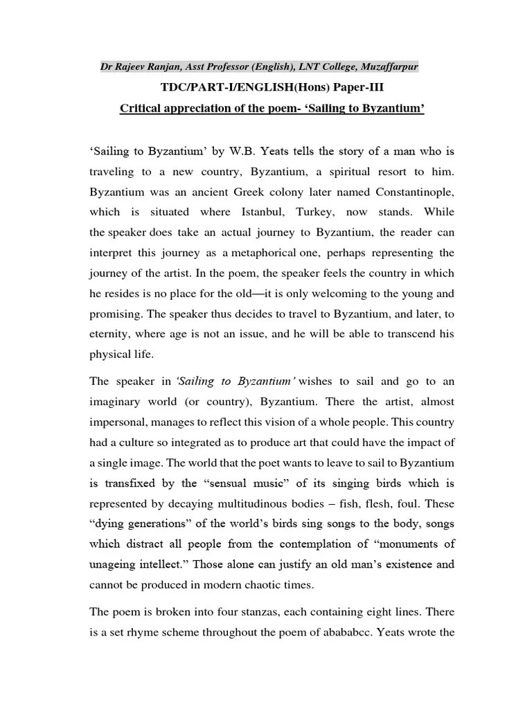 Sailing To Byzantium Critical Appriciation PDF Poetry Poetics