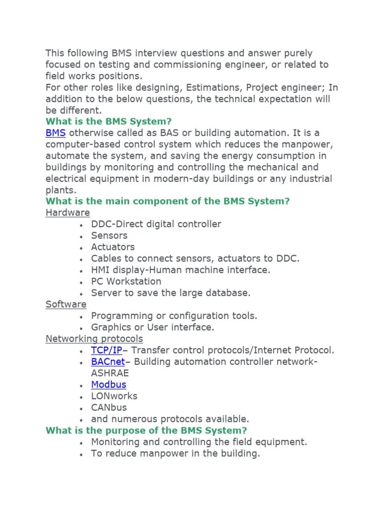 This Following BMS Interview Questions and Answer Purely Focused On Testing and Commissioning