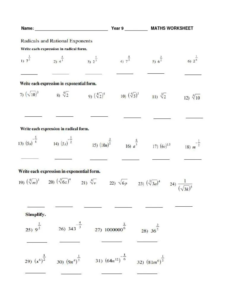 Radicals and Rational Exponents Worksheet 1 PDF