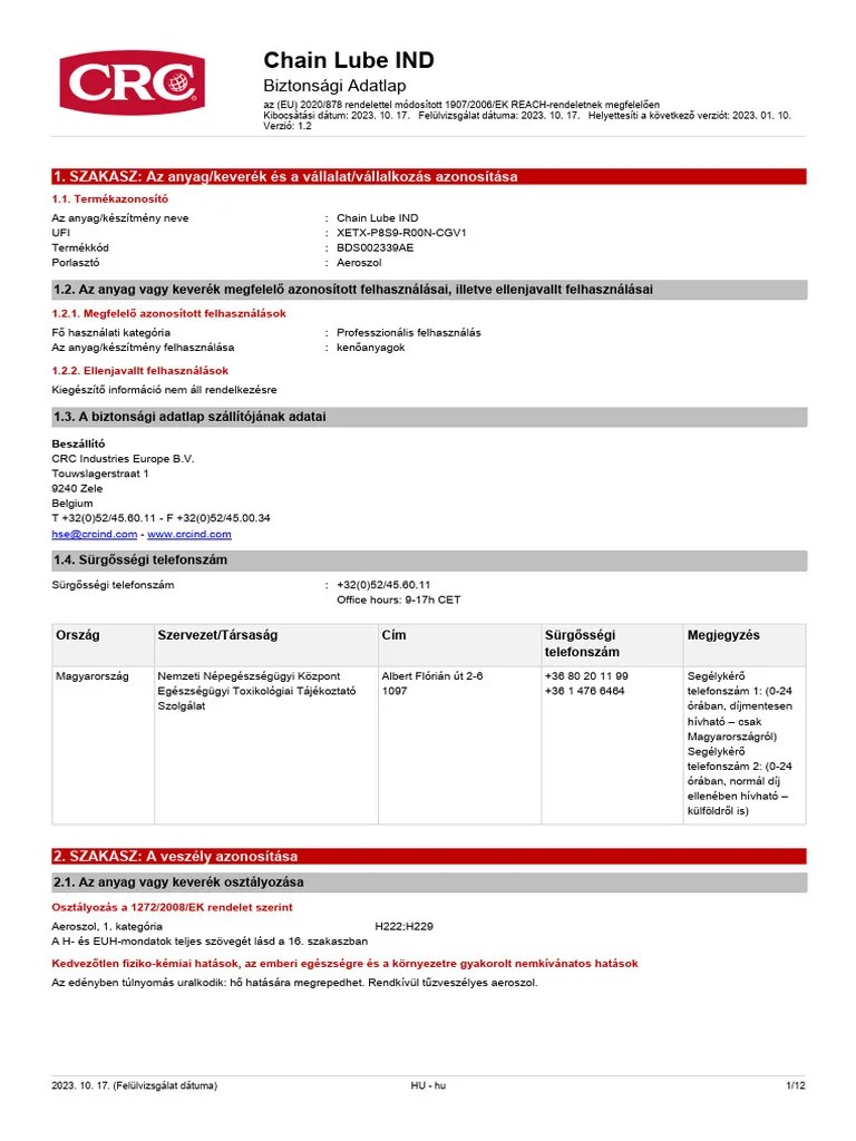 CRC Chain Lube Ind MSDS (HU) PDF