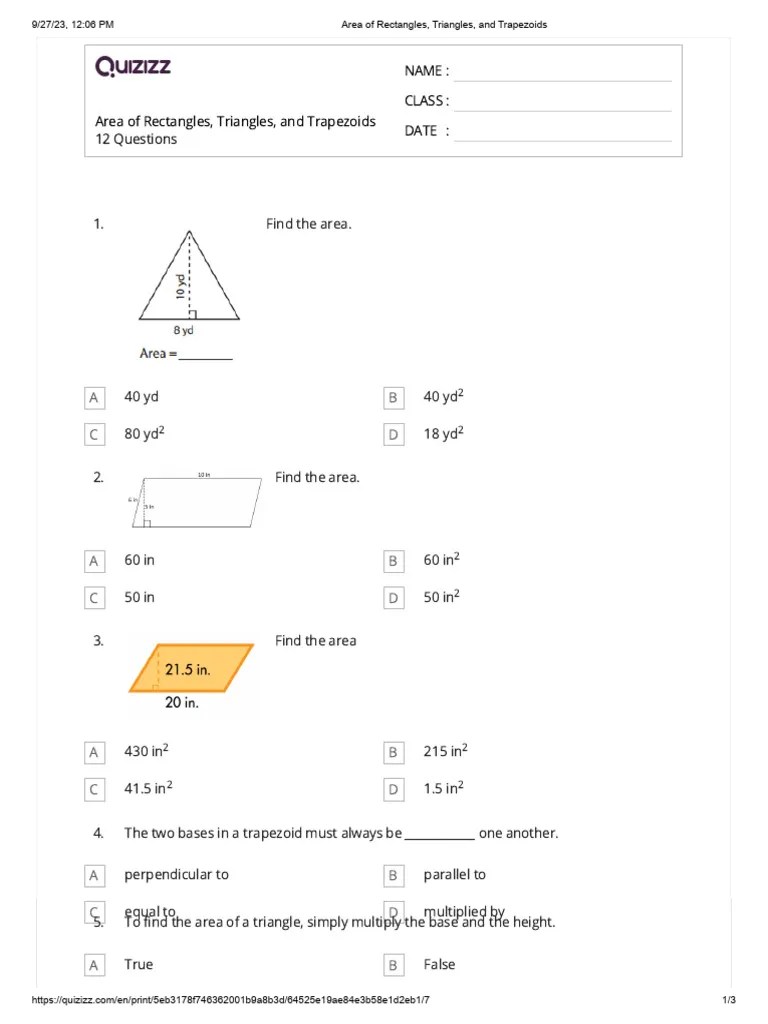 Quizizz Area of Rectangles, Triangles, and Trapezoids PDF Area