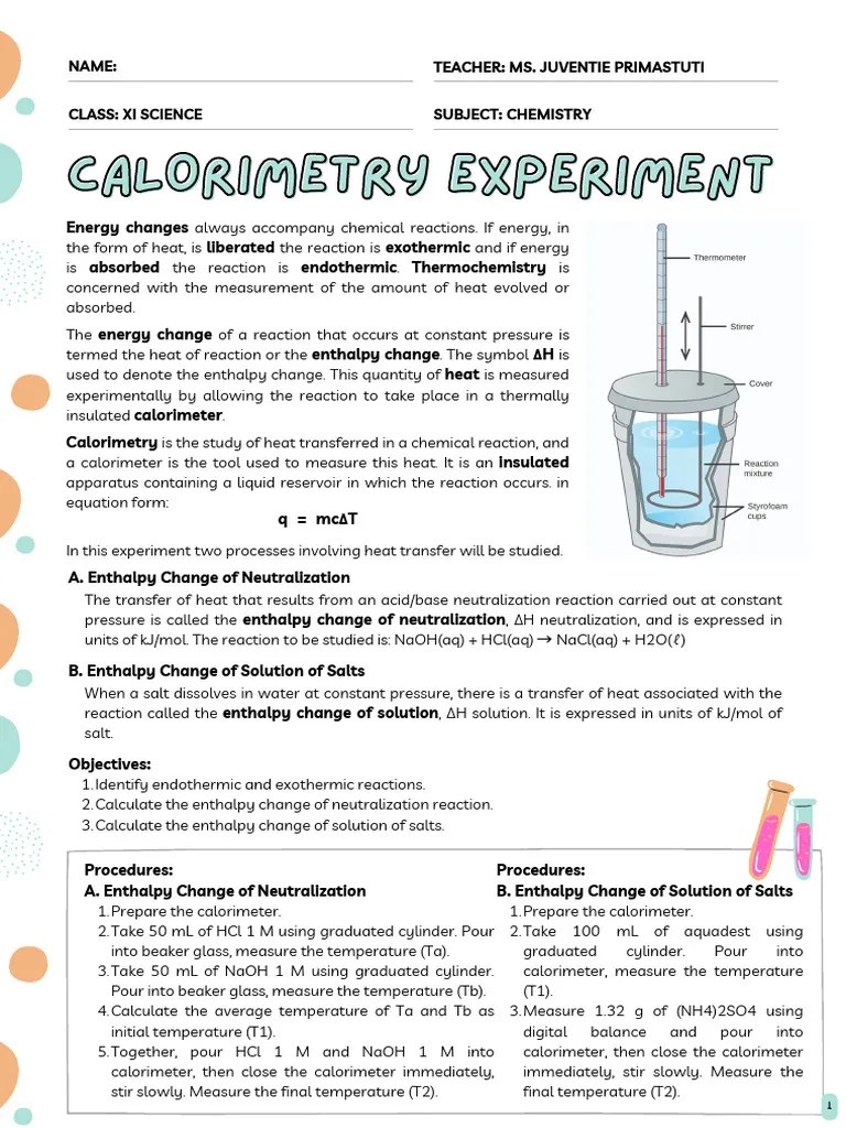 Calorimetry Experiment PDF Heat Enthalpy