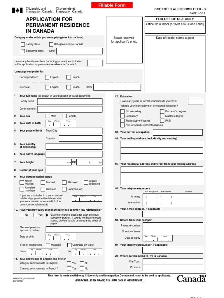 +imm0008 Main Application Form Permanent Residence (United States