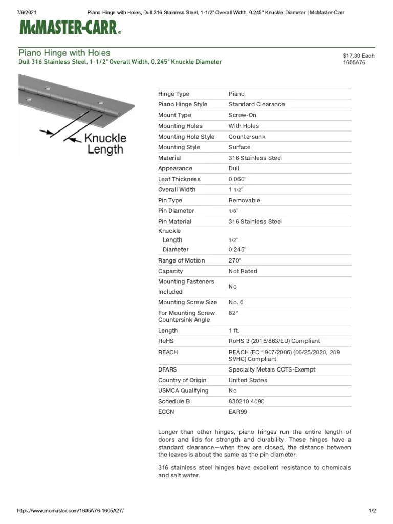 McmasterCarr 1605a76 Piano Hinge With Holes, Dull 316 S.S PDF