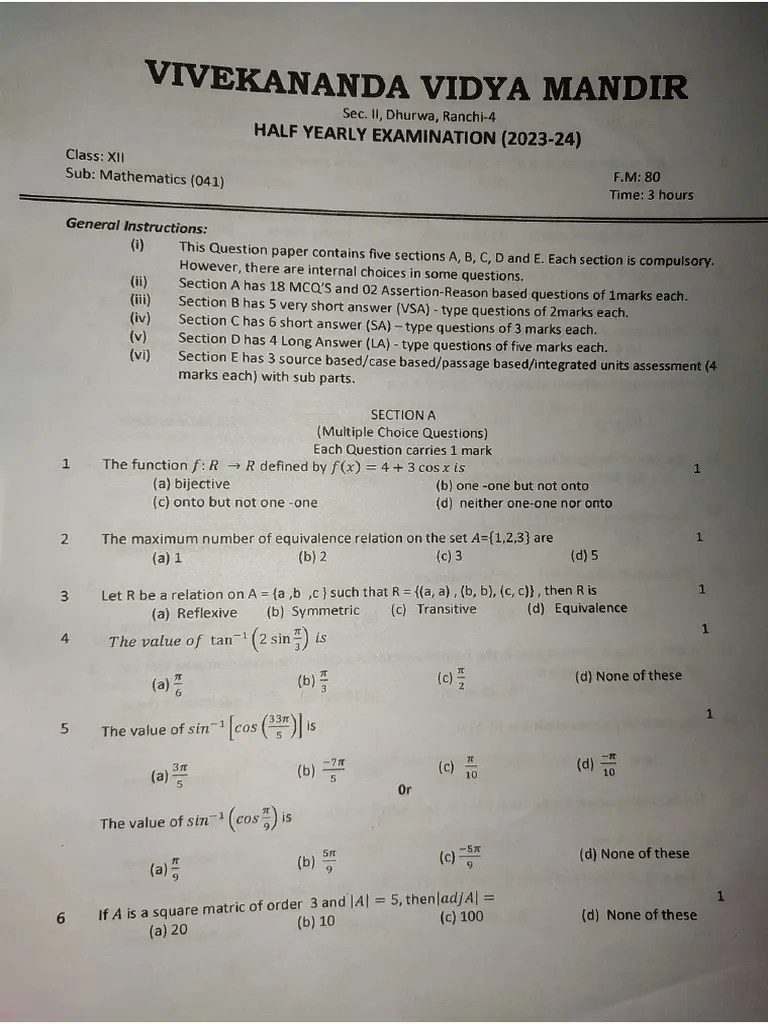 Mathematics Question Paper PDF
