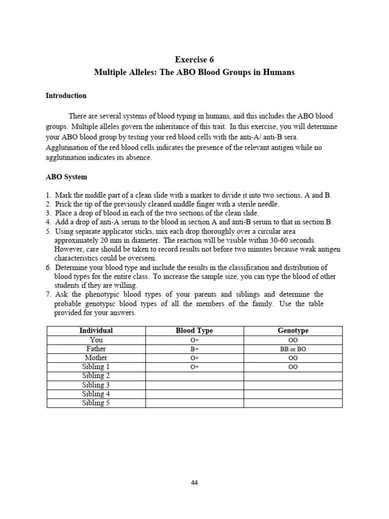 Lab Exercise 6 Multiple Alleles and ABO Blood Groups in