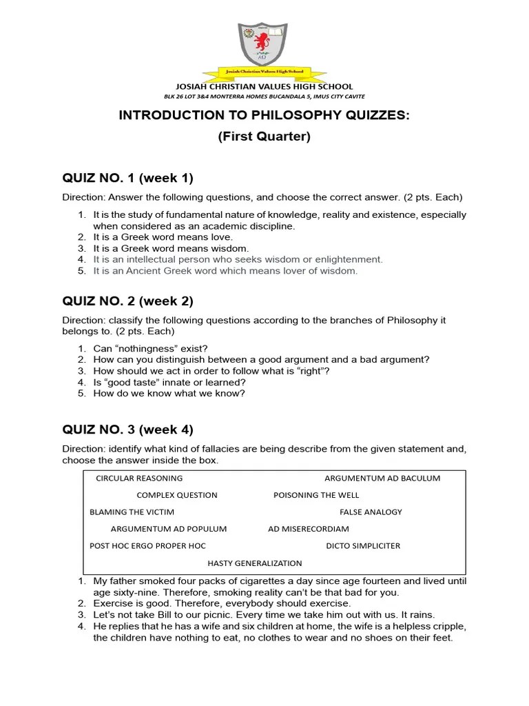 Introduction To Philosophy Quiz PDF Metaphysics Philosophical Theories