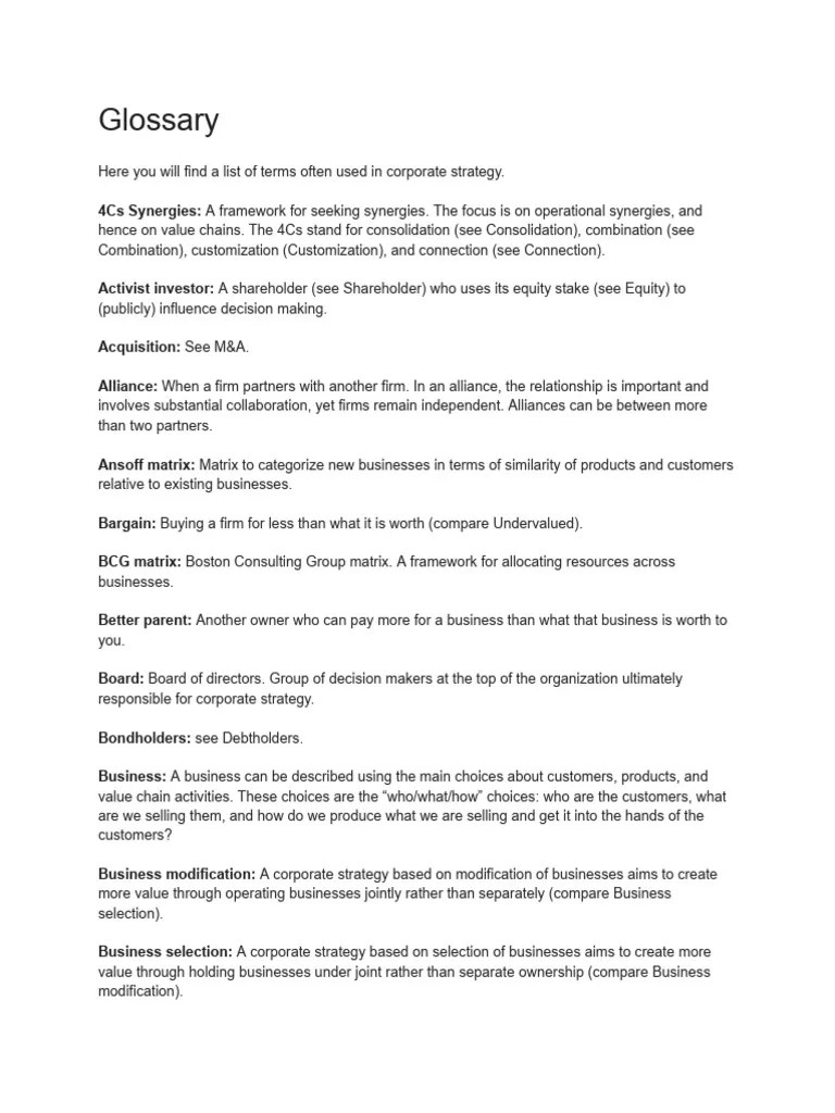 Glossary of Business Terms PDF Stocks Mergers And Acquisitions