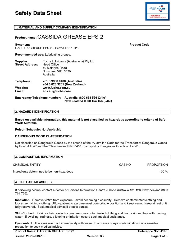 Cassida Grease Eps 2SDS PDF Toxicity Dangerous Goods