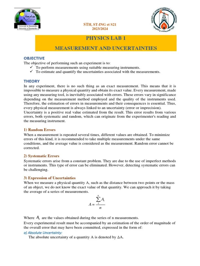Physics Lab 1 Measurement and Uncertainties Objective Download Free