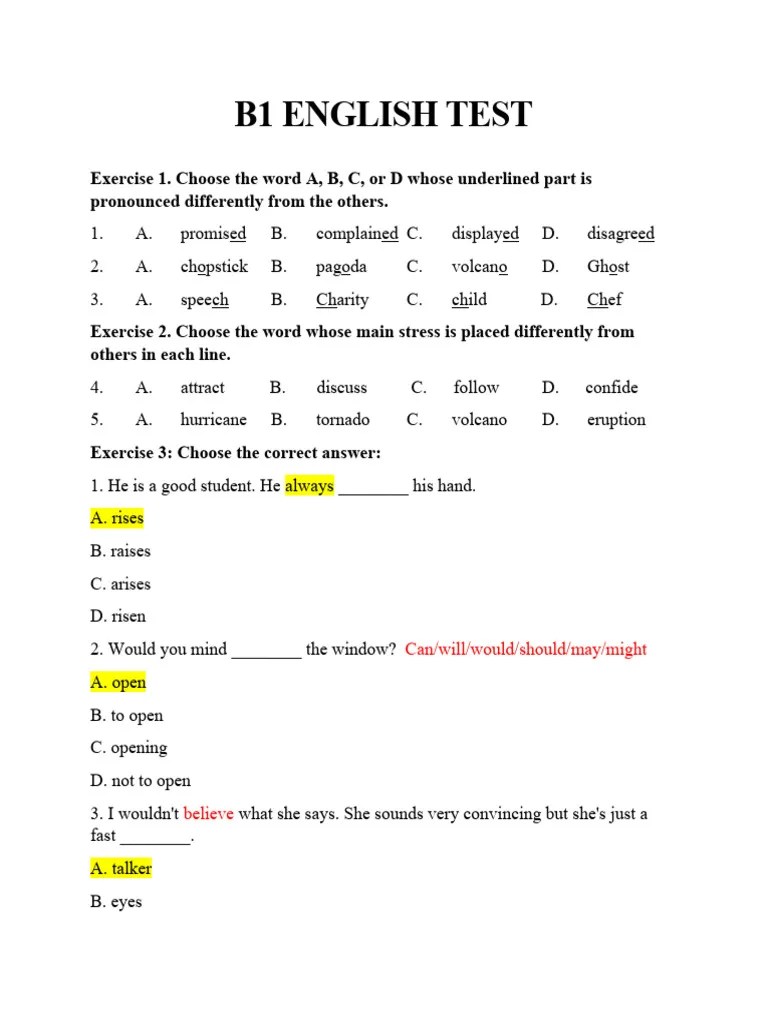B1 English Test PDF Accent (Sociolinguistics) Vocabulary