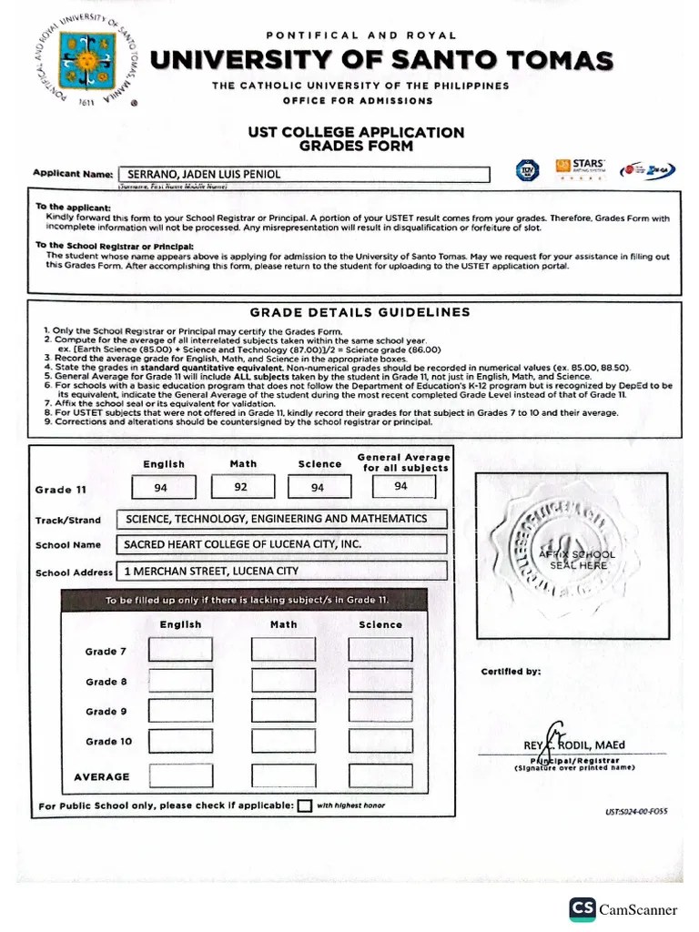 Ustet Application Grades Form PDF