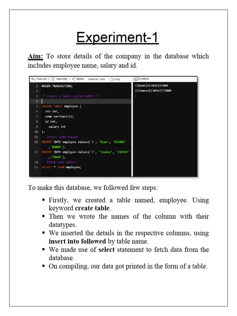 Dbms Experiments PDF Databases Sql