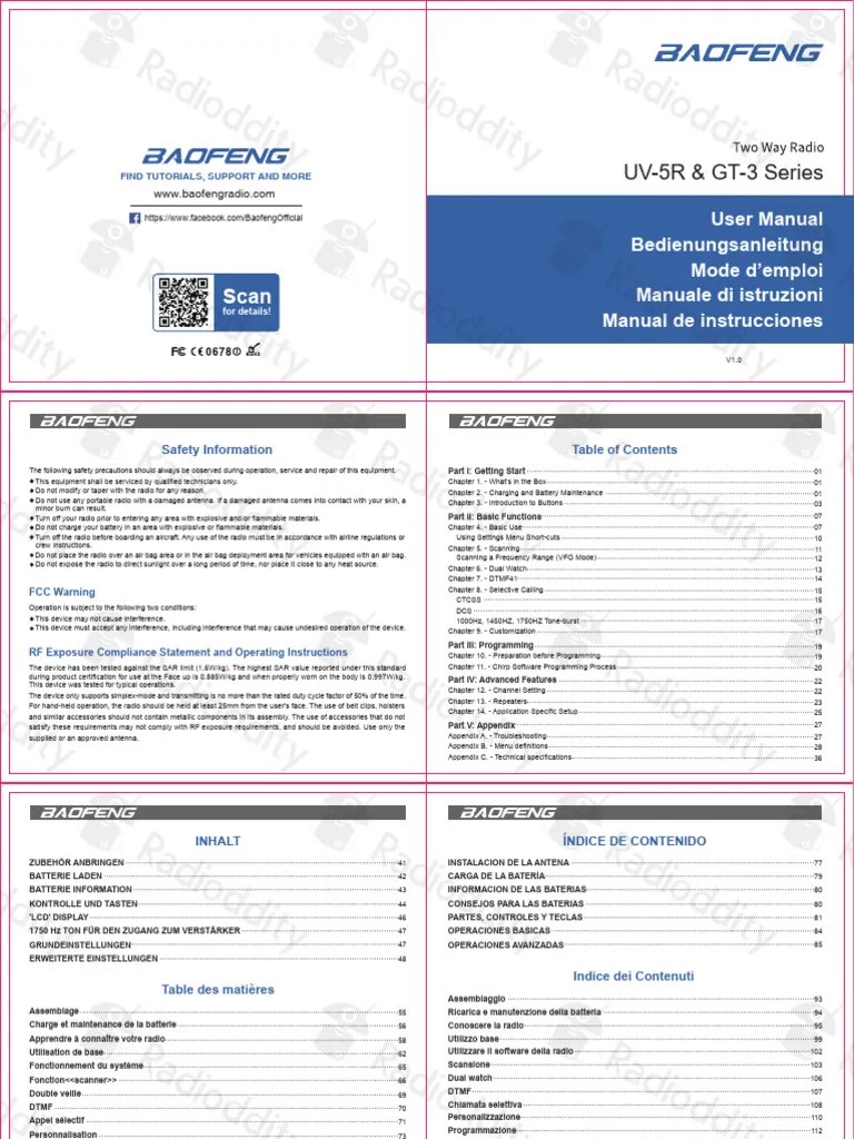 Baofeng UV5R & GT-3 Series User Manual (EN DE IT FR ES) | PDF | Battery