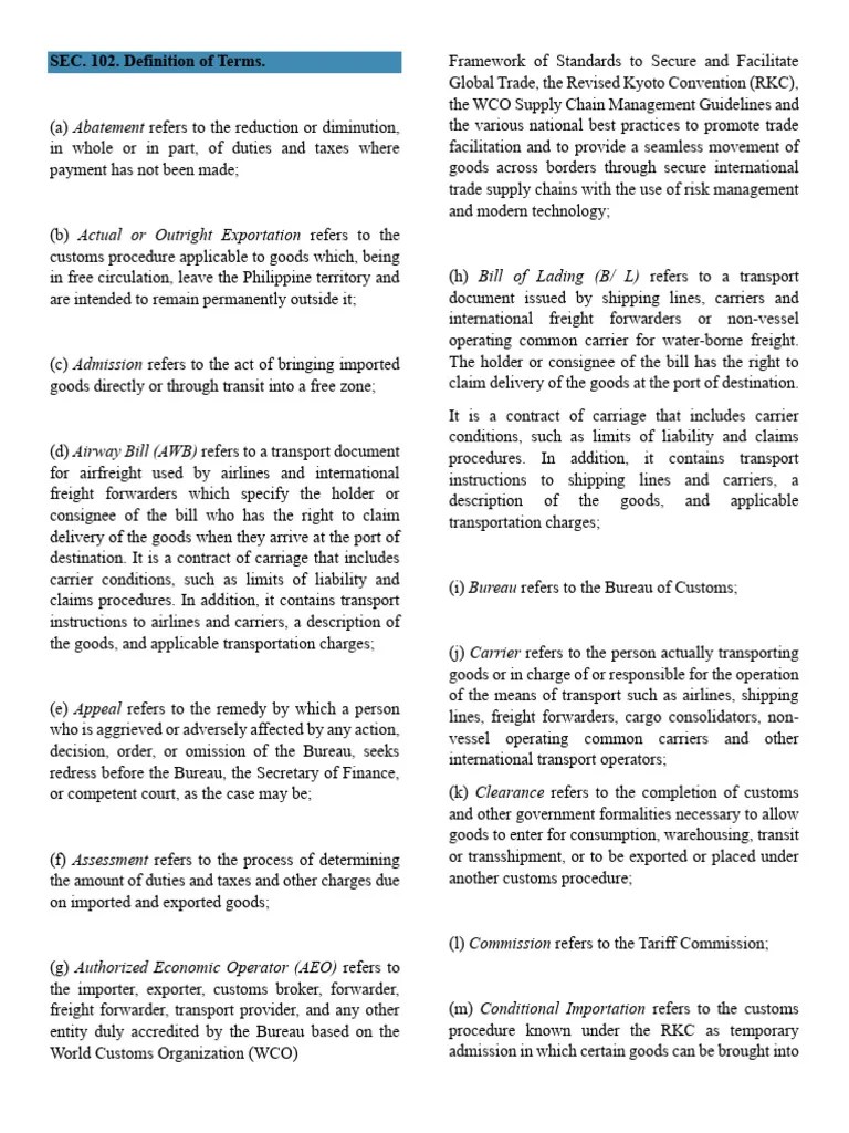 Sec. 102. Definition of Terms Download Free PDF Cargo Trade