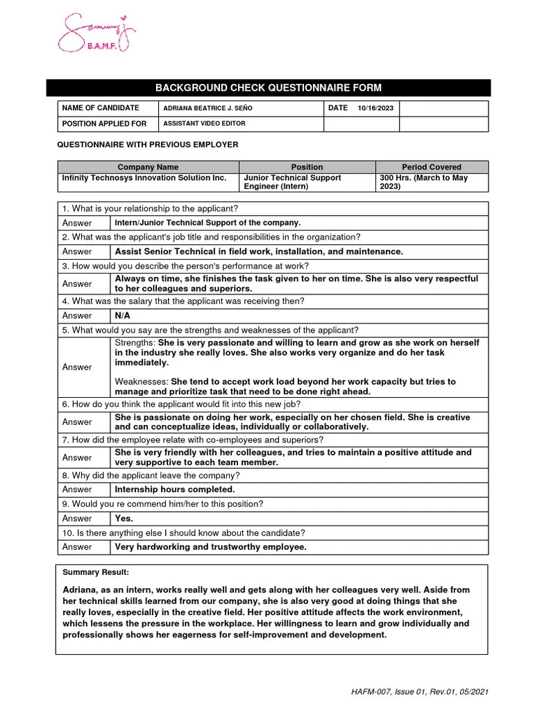 Background Check Questionnaire Form PDF Background Check Employment
