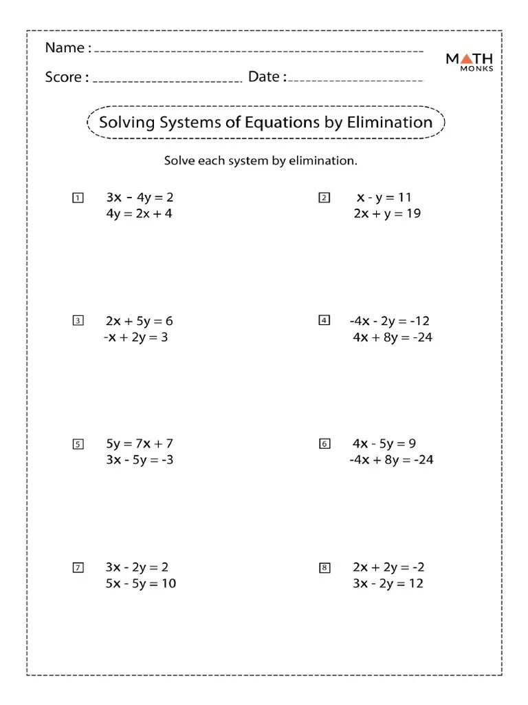 Solving Systems of Equations by Elimination Worksheet | PDF