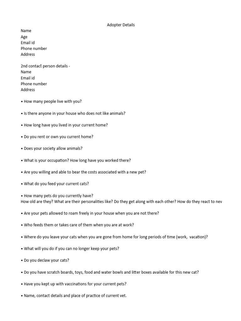 Pet Adoption Questionnaire PDF