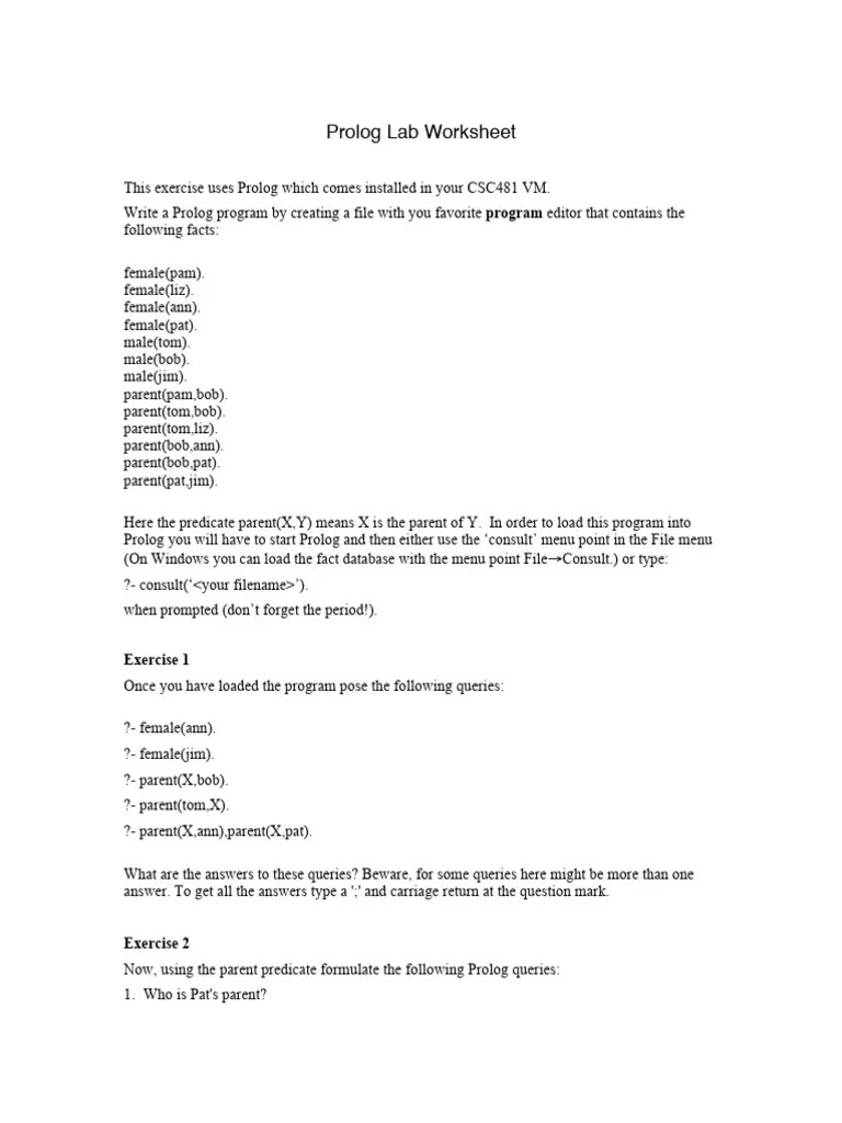 Prolog Worksheet PDF