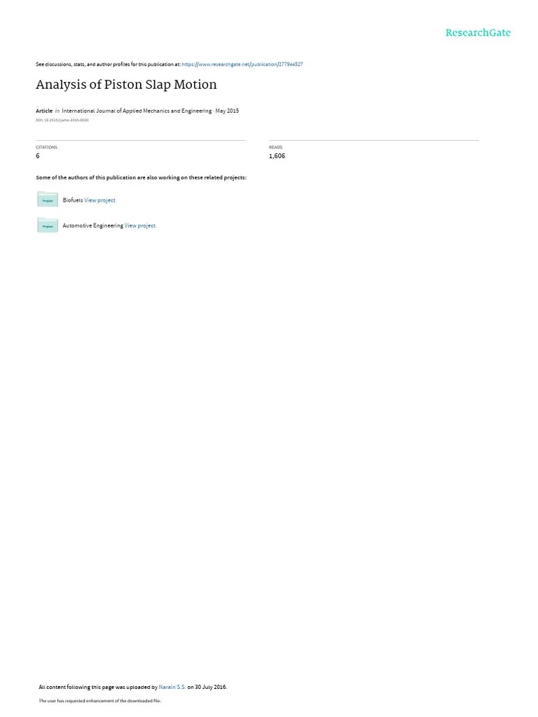 Analysis of Piston Slap Motion PDF Piston Engines