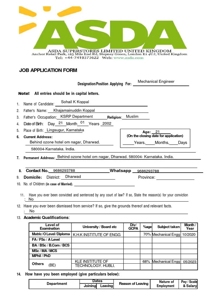 Asda Stores Employment Application Form Filled PDF Qualifications