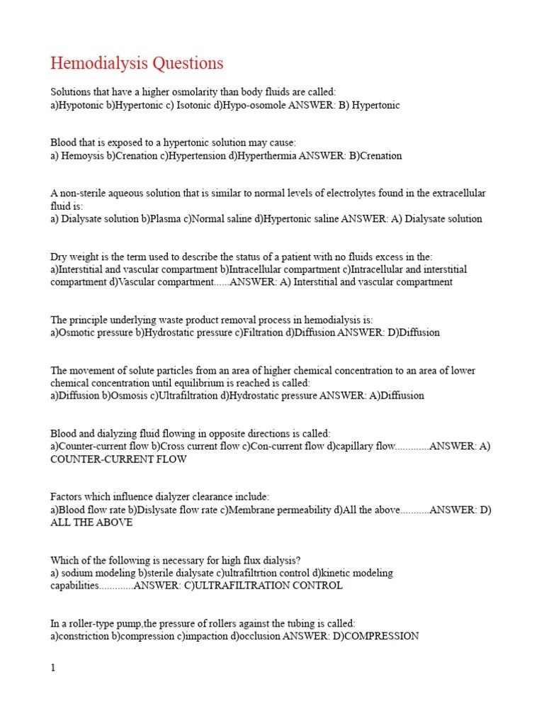 Hemodialysis Questions PDF Hemodialysis Osmosis