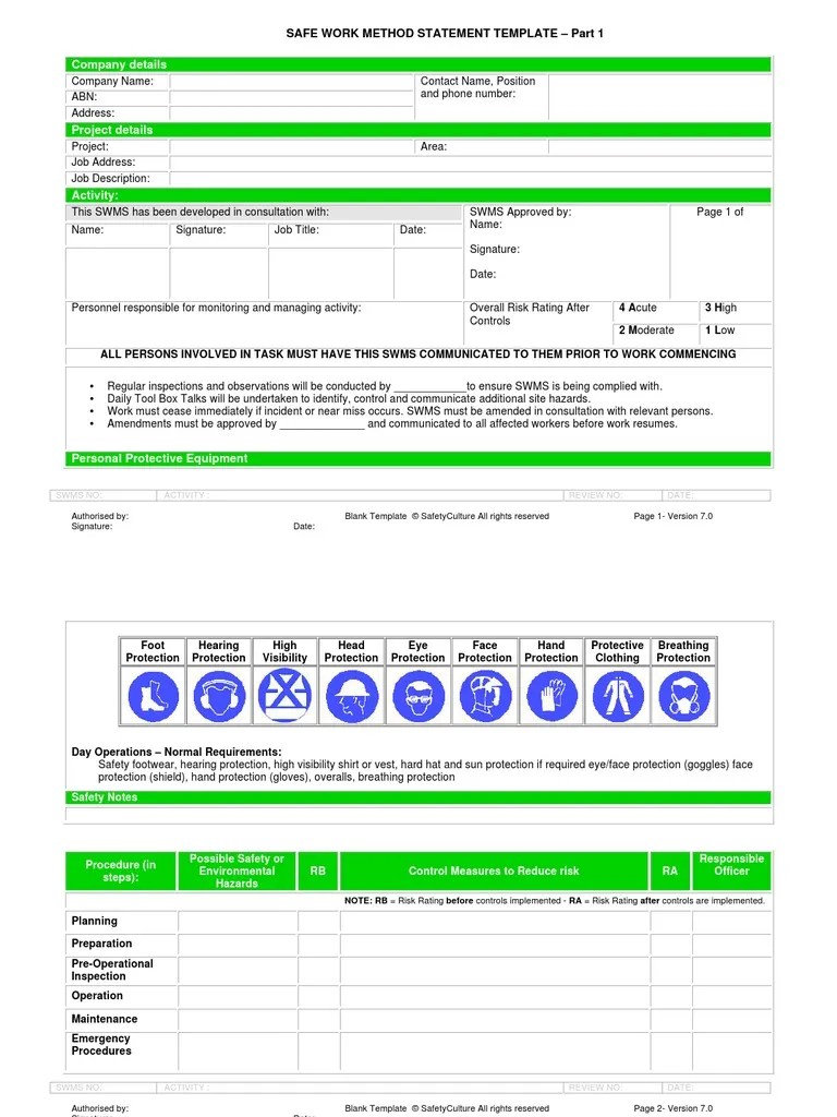 Safe Work Method Statement Template Personal Protective Equipment