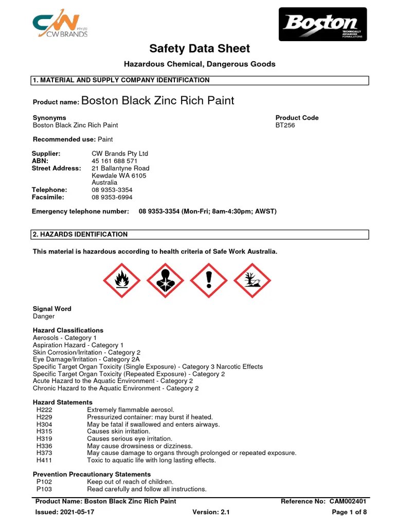 Boston Spray Paint Sds PDF Dangerous Goods Toxicity