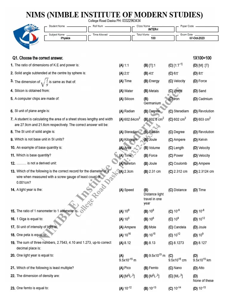 Nims (Nimble Institute of Modern Studies) : Q1. Choose The Correct