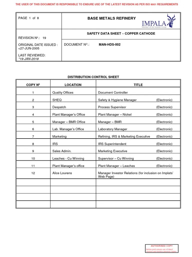 MSDS Copper Cathode PDF Copper Chlorine