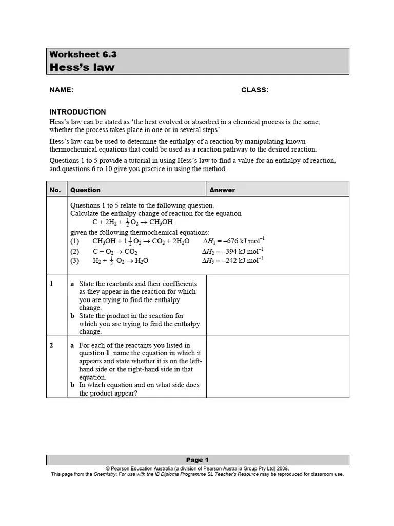 Worksheet Hess's Law PDF Physical Chemistry Physical Sciences
