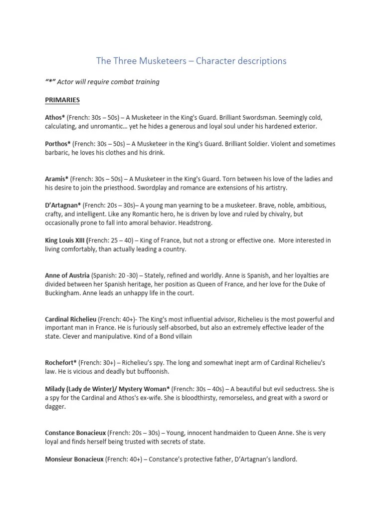 Three Musketeers Character Breakdown NEW PDF The Three Musketeers Alexandre Dumas